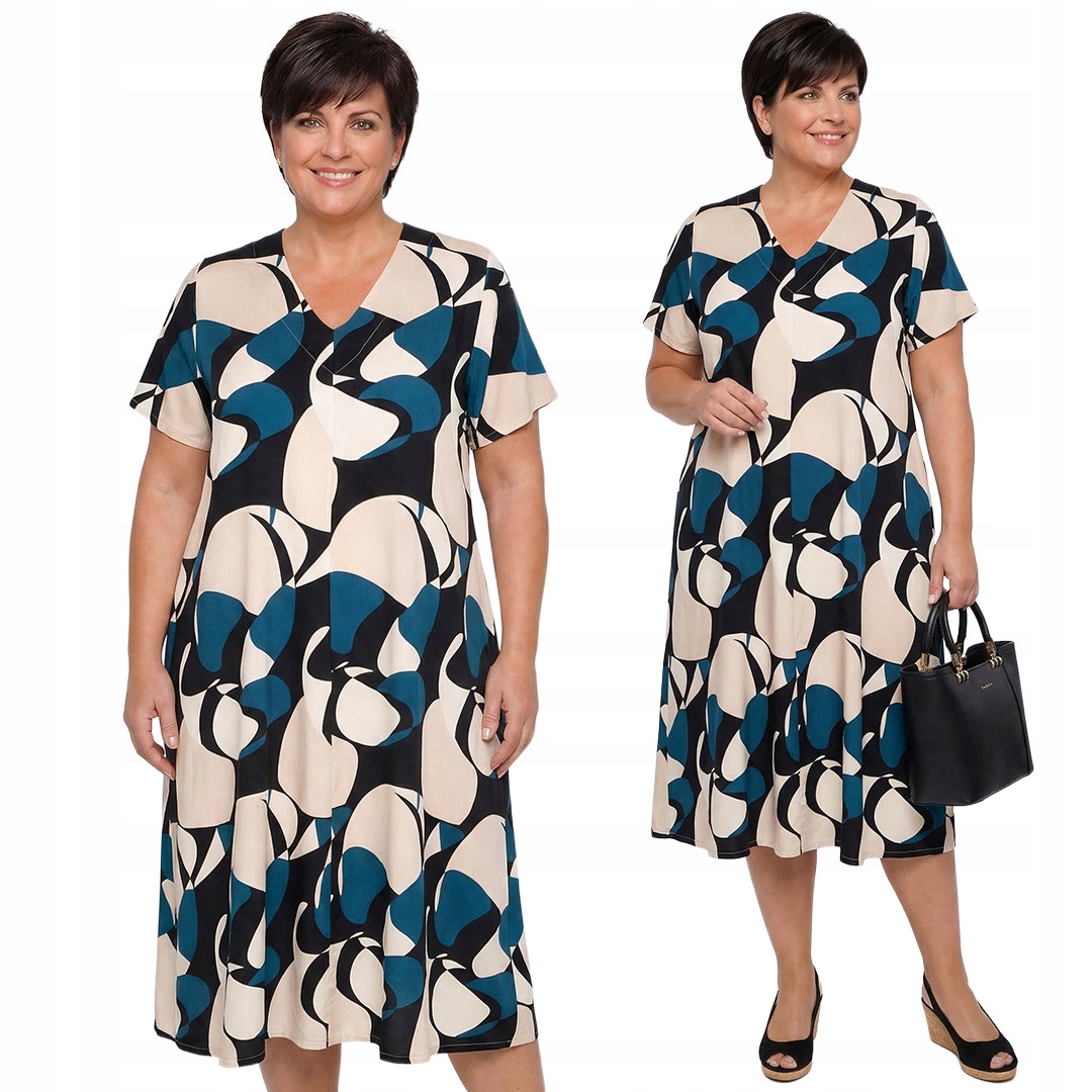 Béžová šaty s černo-zeleným vzorem plus size velikost 60