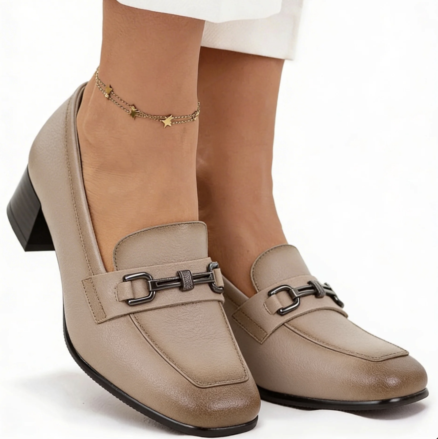 Skórzane Mokasyny Półbuty Damskie Na Obcasie Vinceza 39978 Buty Beżowe 39