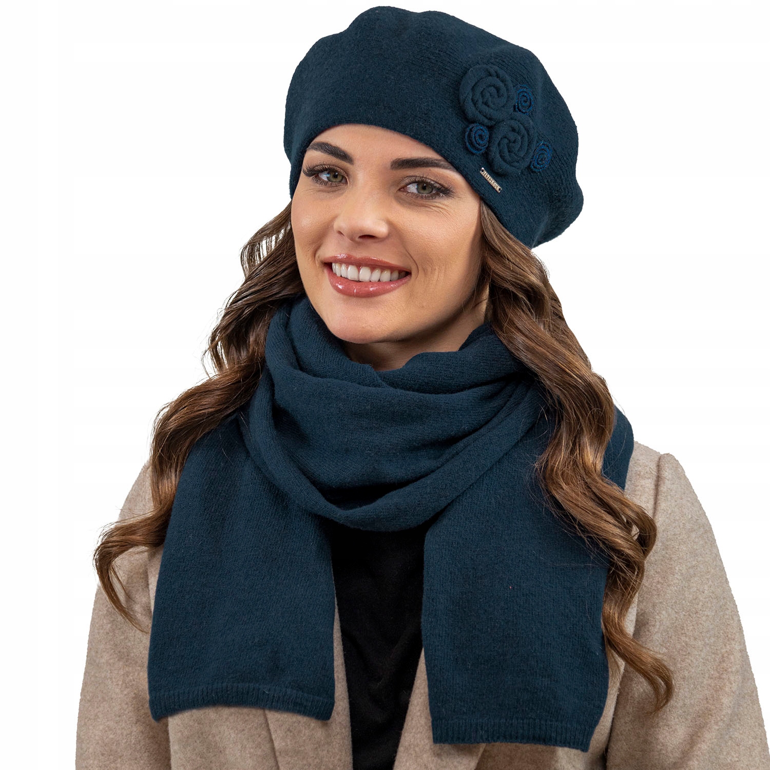 Komplet Beret a Šála Vivisence 7037 Kmpl modrý baret šála vlna