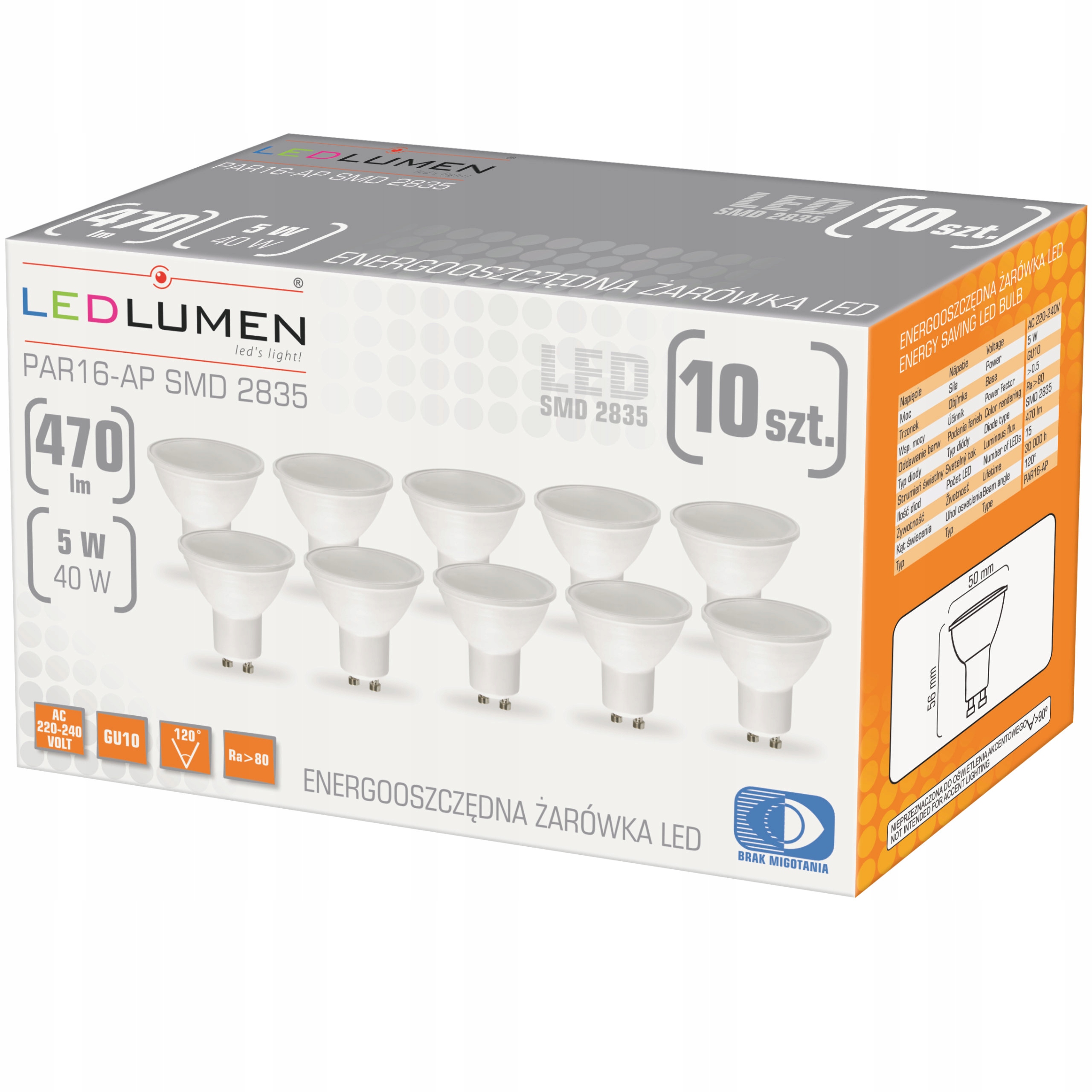

Zestaw 10x Żarówka Led GU10 5W=40W 470lm Ledlumen