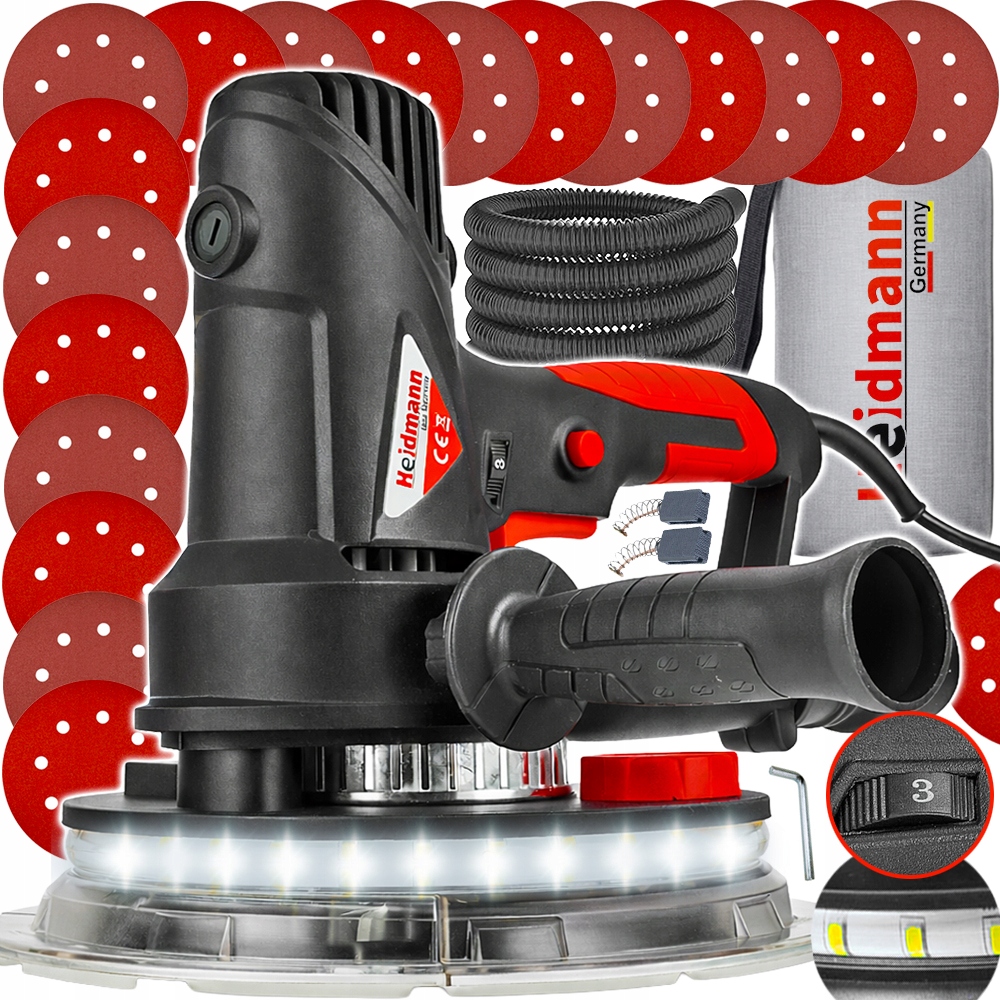 Szlifierka do Gipsu Gładzi Tynków Tynku Ścian Sufitów Led 360° 190mm 1800W