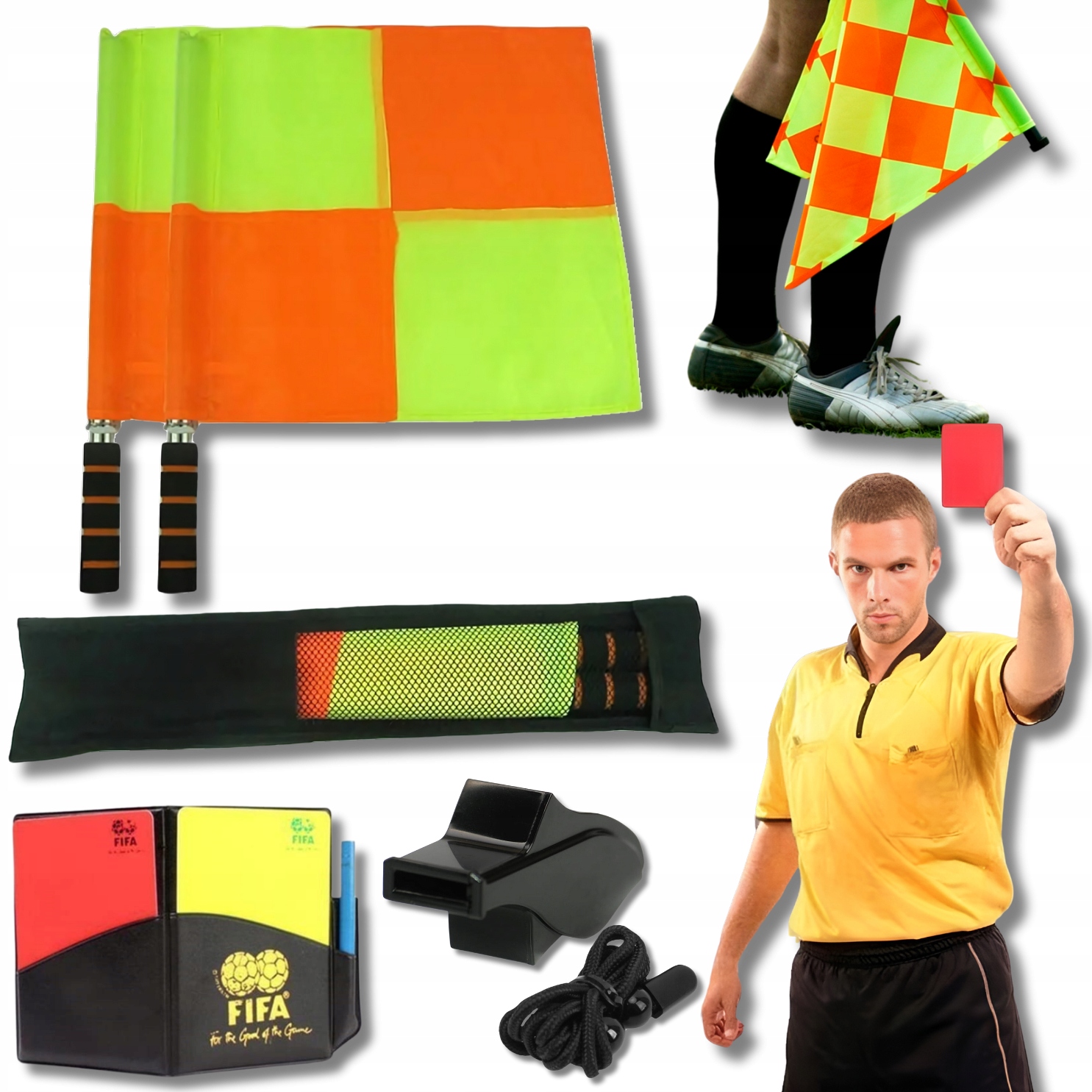 MEGA ZESTAW SĘDZIEGO PIŁKI NOŻNEJ CHORĄGIEWKI KARTKI GWIZDEK SĘDZIOWSKI