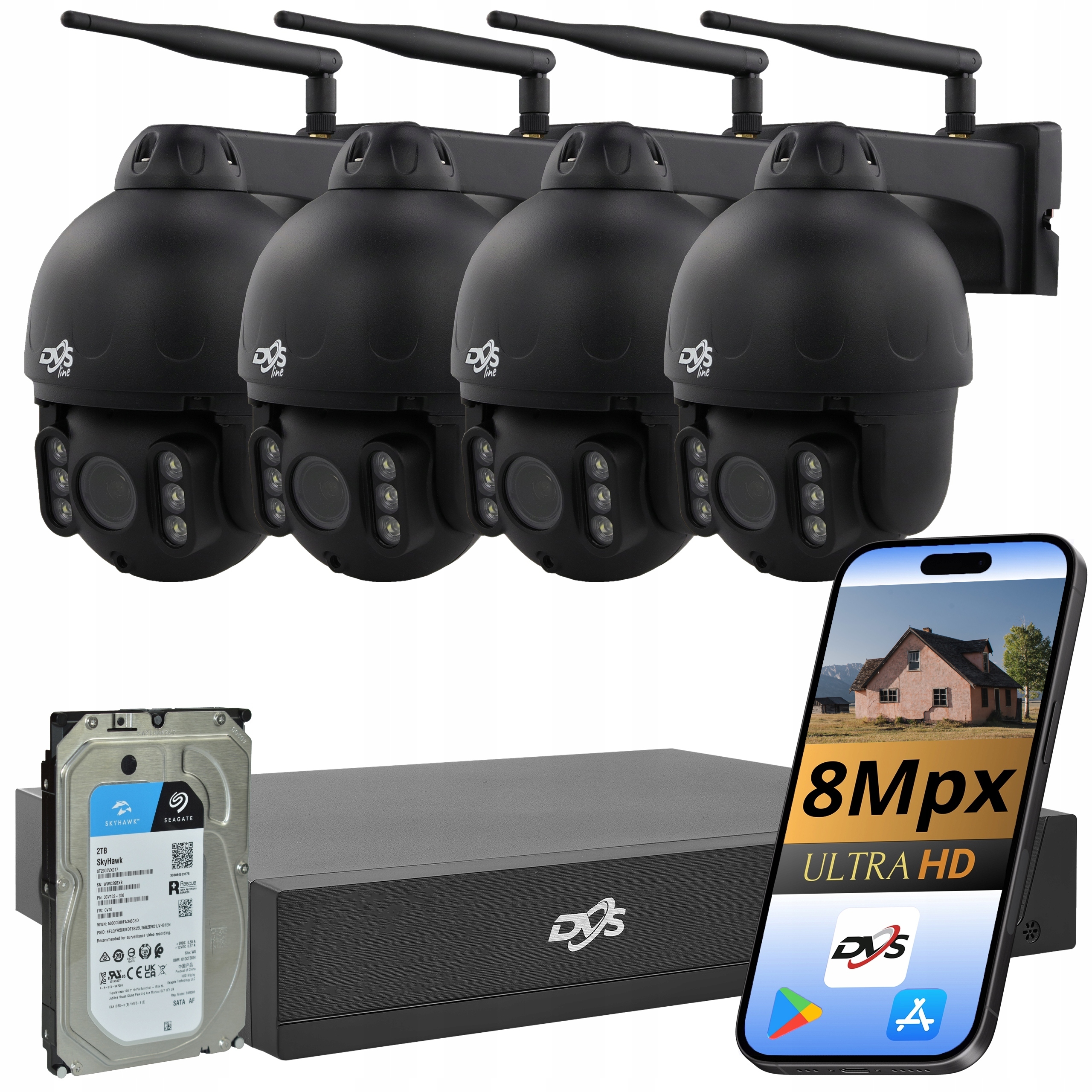 Sada 4 Bezdrátových Kamer Wifi Otočné 8MP 4K Monitorovací Disk 2TB Dvs