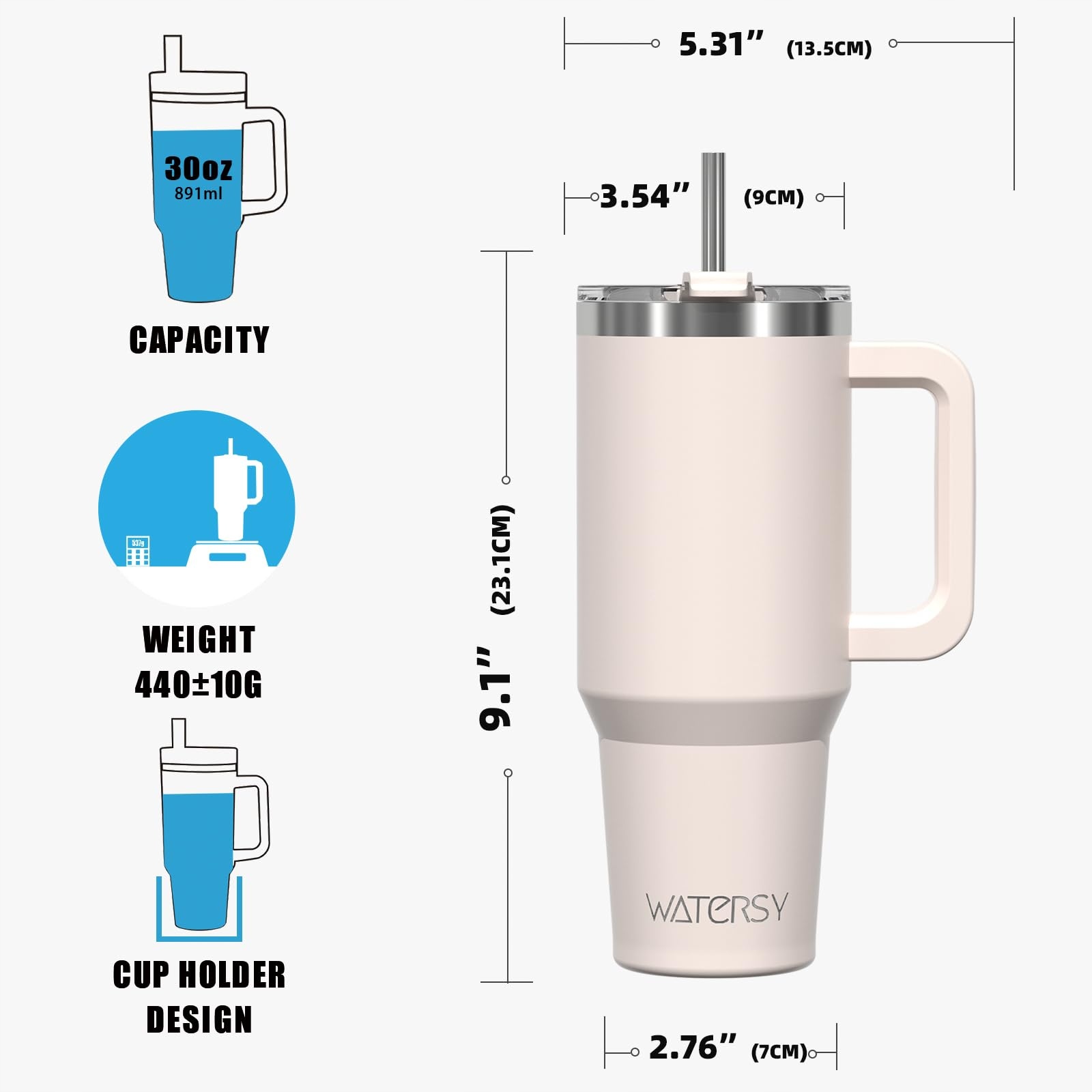 WATERSY KUBEK TERMICZNY 891ML STAL NIERDZEWNA Z UCHEM I SŁOMKĄ BEŻOWY — miniatura 5