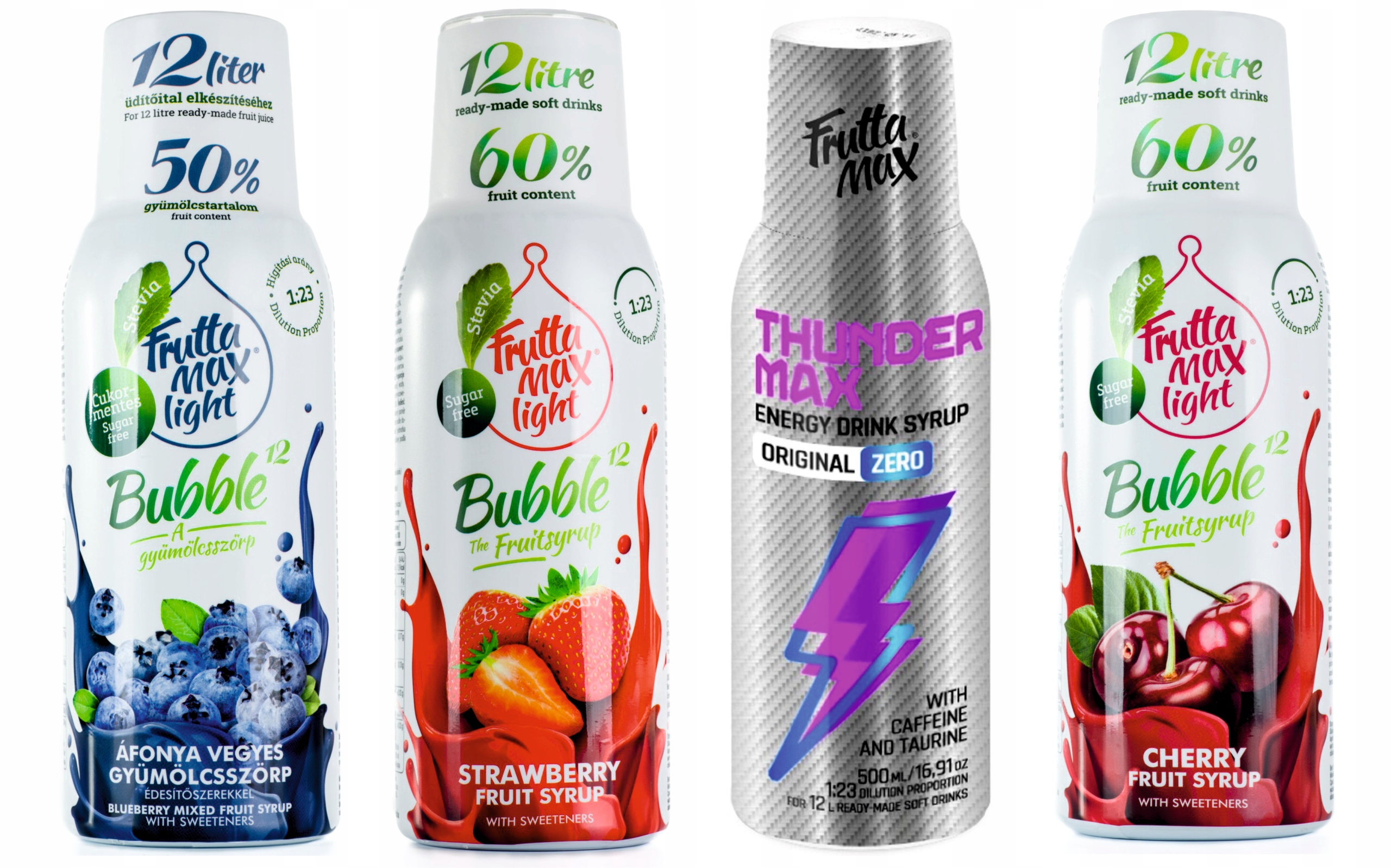 Levně Fruttamax Energy Borůvka Jahoda Višeň sirupy ve verzi Light 4x500 ml