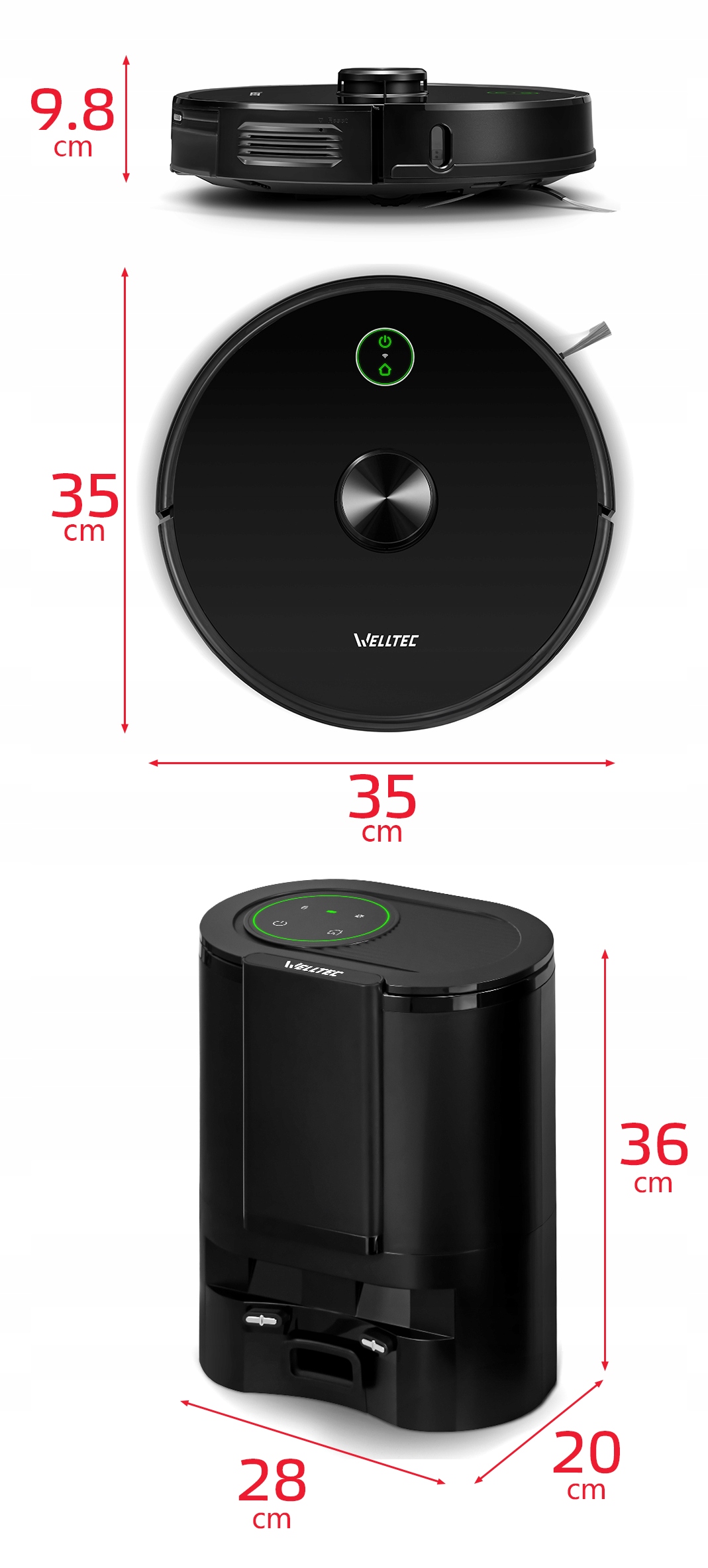 ROBOT SPRZĄTAJĄCY MOPUJĄCY WELLTEC R8 PRO + STACJA ODSYSAJĄCA + AKCESORIA Czujniki antykolizyjny krawędzi odległości przeciążenia schodów zbliżeniowy