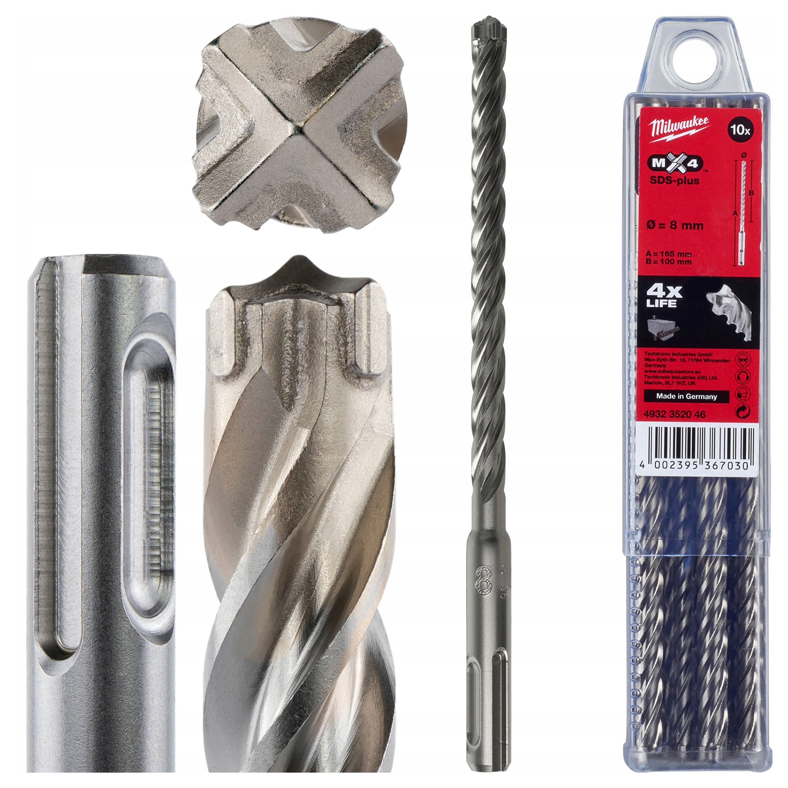Wiertła do betonu zbrojonego Sds Plus 8 x 100/165 mm 10 szt. Milwaukee MX4