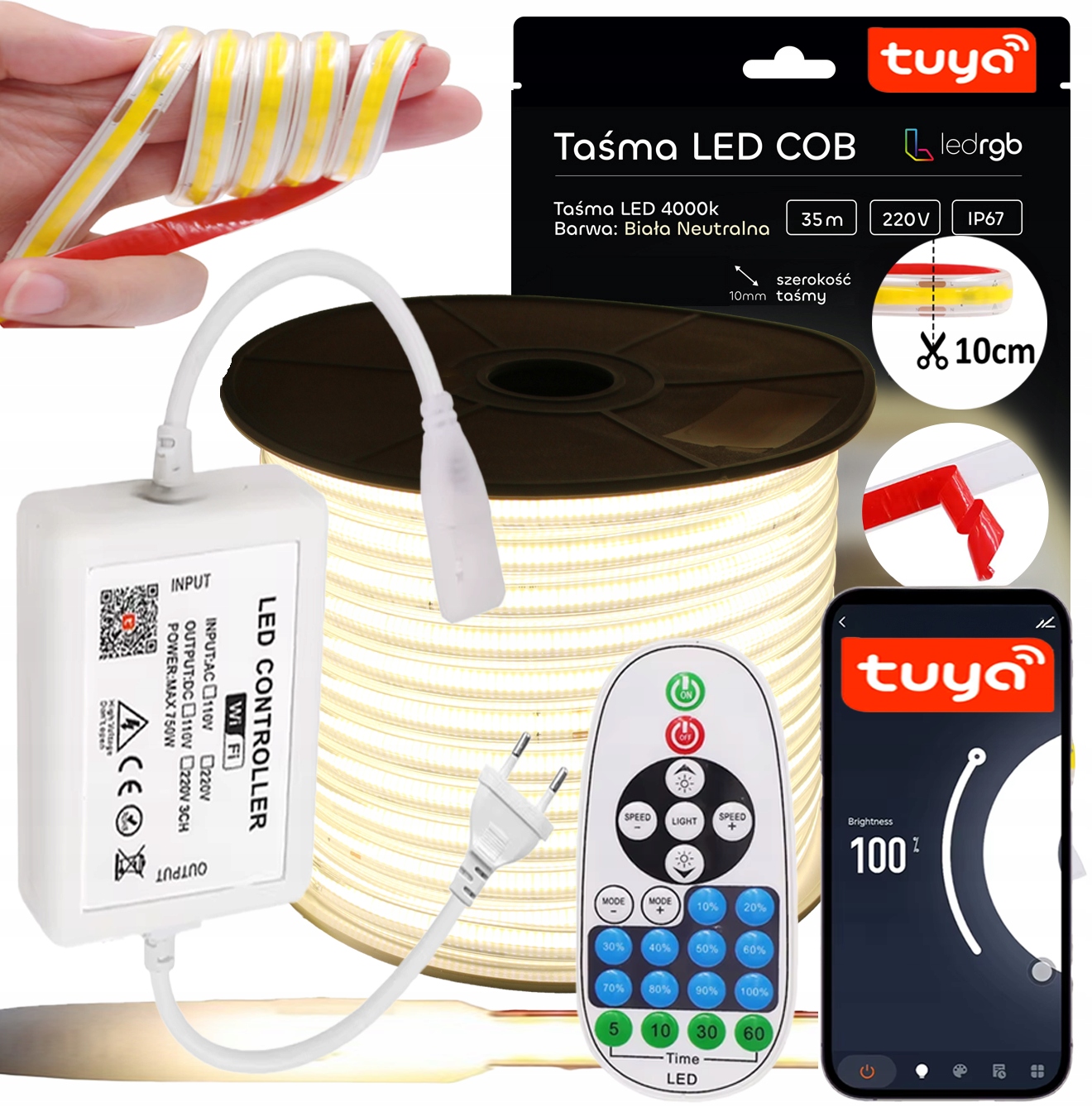 Set Led Páska Cob 35 m 230 V Bílá Neutrální 4000 K Řezaná Každých 10 CM Tuya Wifi