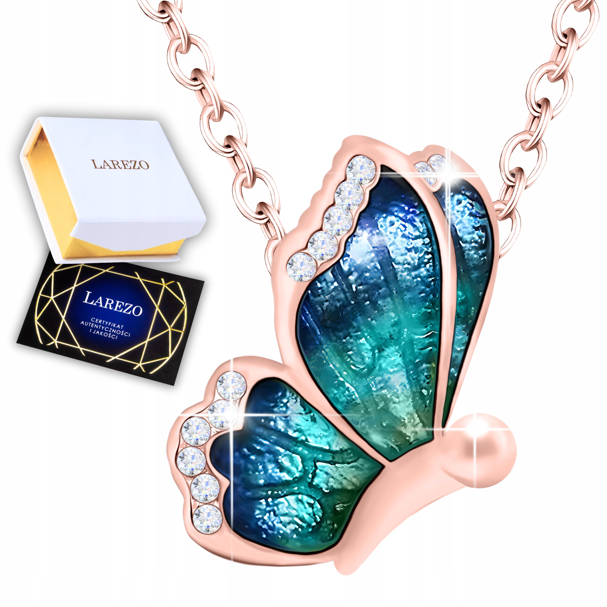 Stříbrný náhrdelník pokrytý růžovým zlatem Modrý motýlek Stříbro 925