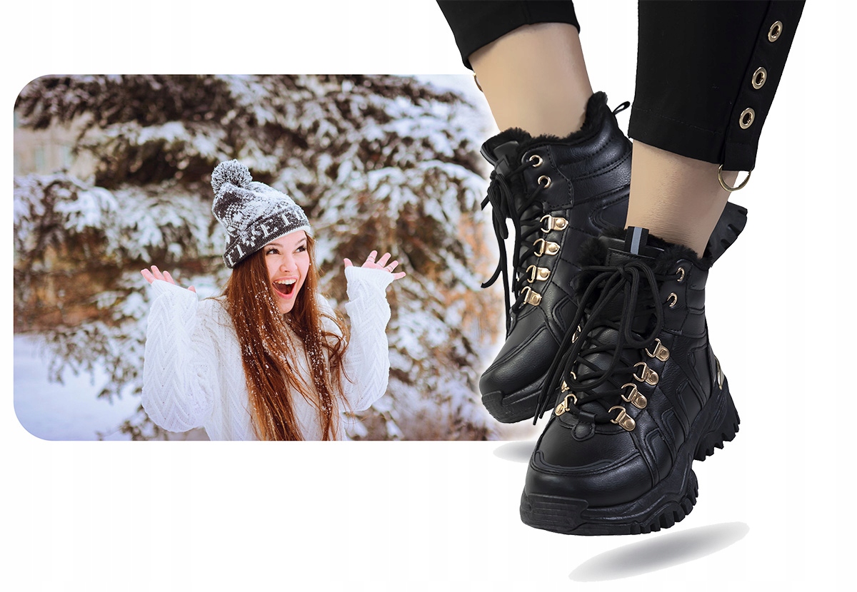 Buty zimowe Śniegowce obuwie damskie Botki trapery na platformie Czarne Model Śniegowce platforma trepy z kożuszkiem Trekkingowe