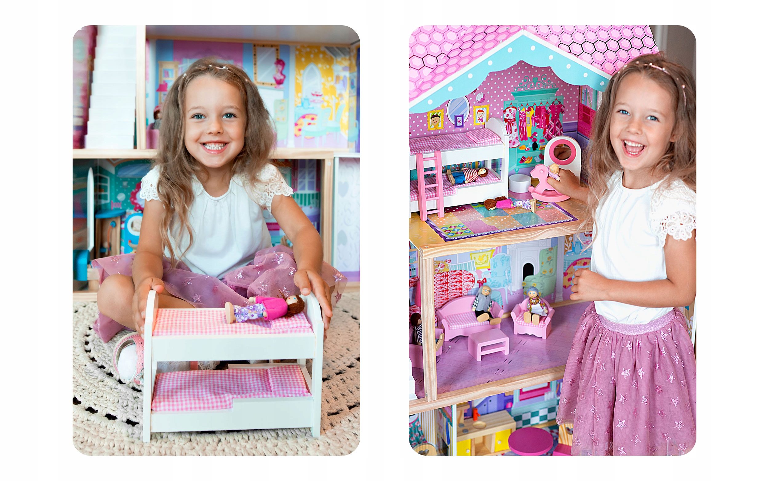 XXL DUŻY DREWNIANY RÓŻOWY DOMEK DLA LALEK MEBLE WINDA AKCESORIA LED Marka RicoKids