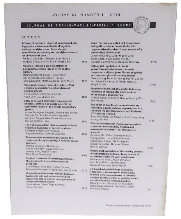 JOURNAL OF CRANIO MAXILLO FACIAL SURGERY NR 11/2019 VOLUME 47 Wydawnictwo Elsevier