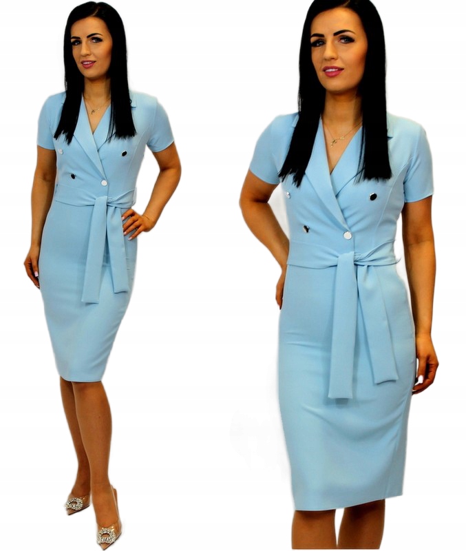 Tužkové Šaty Svatba Svatební Hostina Knoflík Světle Modrá XXL