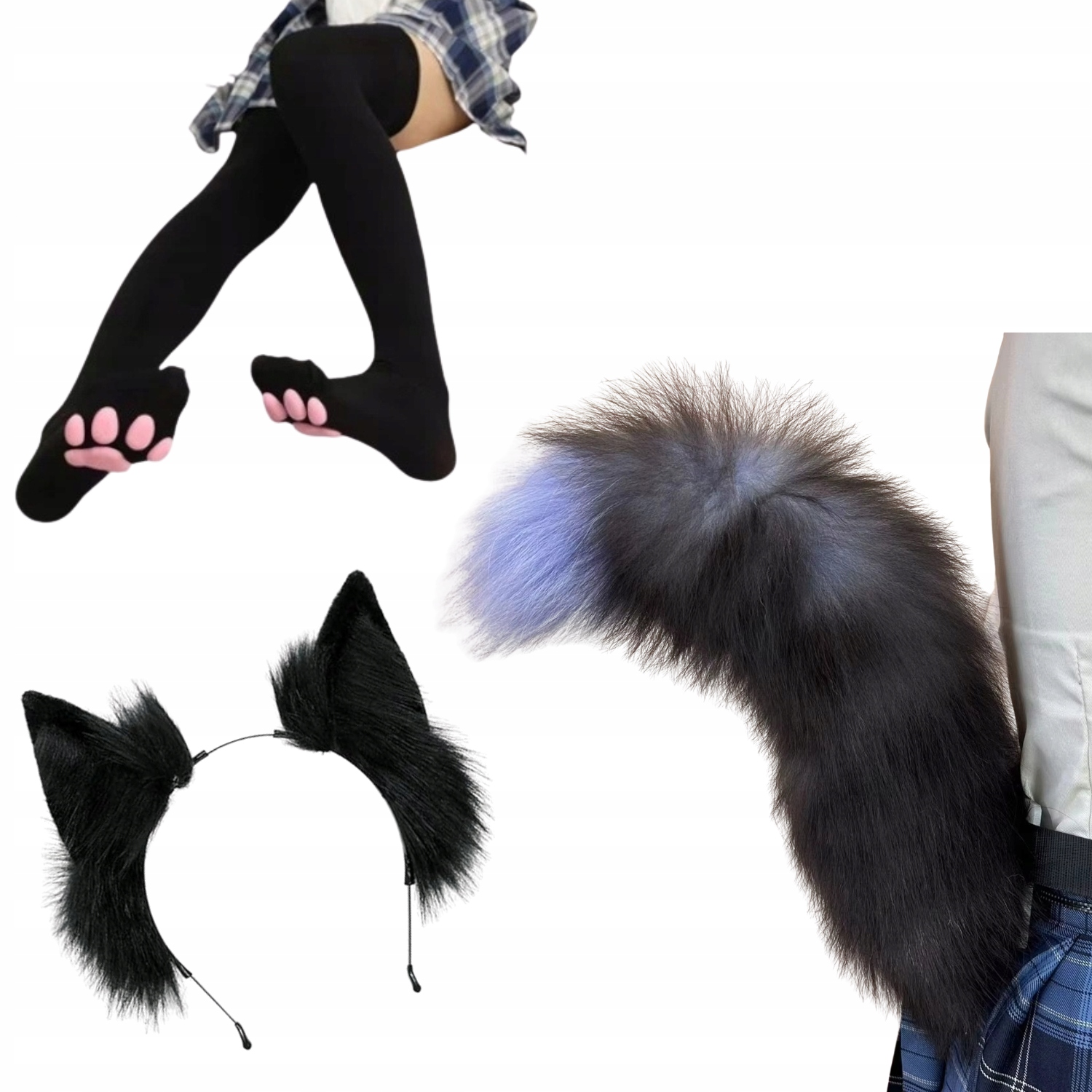 Sada Kostým Kožešinový Ocas Uši Zavinovačky Kočka Liška Cosplay Furry Černá