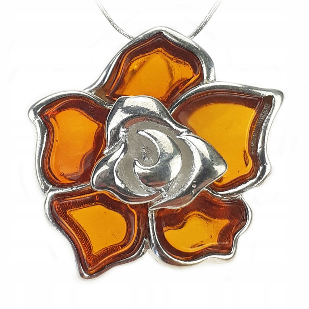 Stříbrný Přívěsek Květinka růže s přírodním Jantarem Baltským stříbro 925