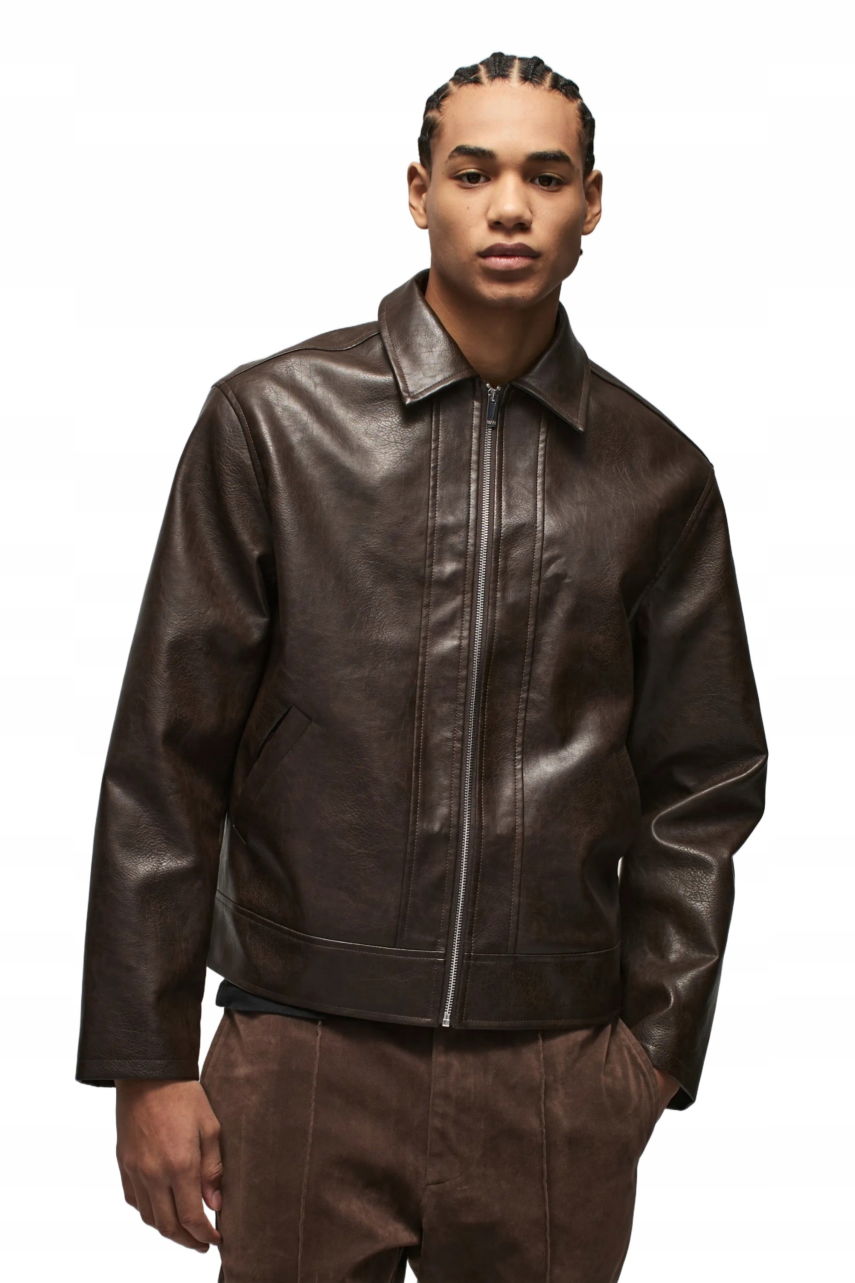 Boohooman Pánská Ramoneska Bunda Zip Hnědá Eko Kůže L Z3A