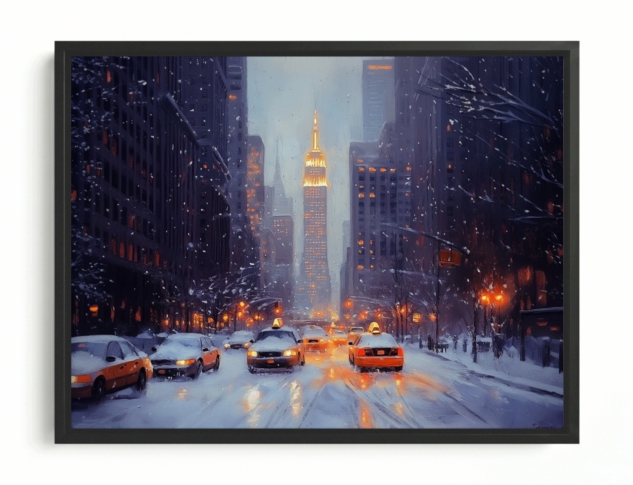 Obraz Rám Americký Box Město New York Ulice Zima Sníh Večer 80x60
