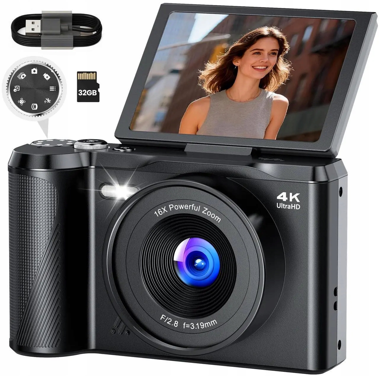 Kompaktní Digitální Fotoaparát Oiaalar 4K 16X Zoom 56 Mp Selfie Kamera 180° Foto