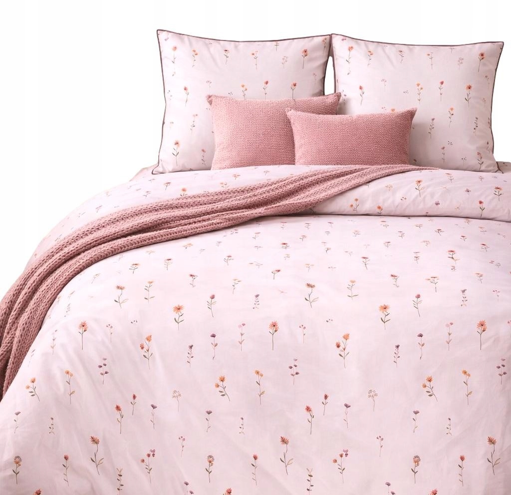 Pościel różowa pastelowa Łąka W Kwiaty drobny wzór 160x200 Perkal Letnia