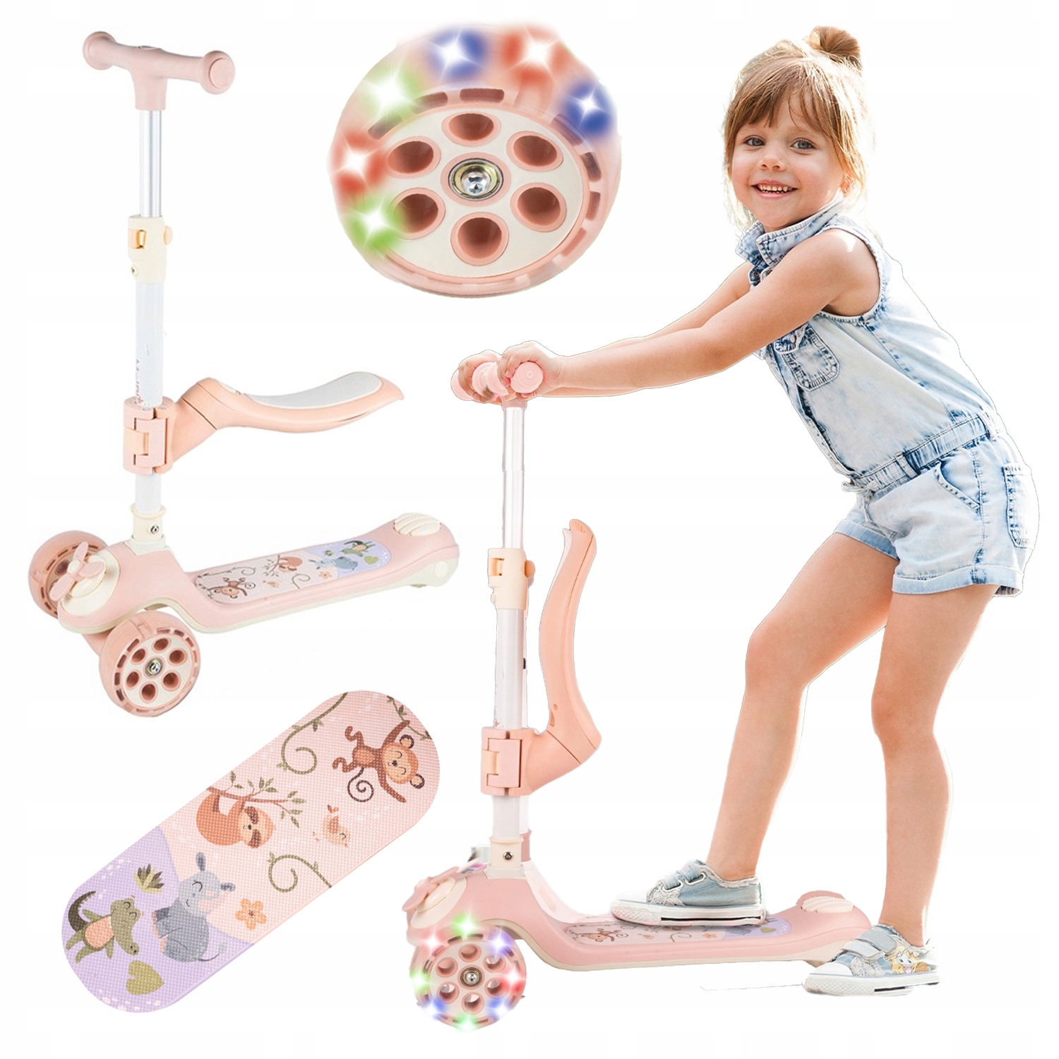 Hulajnoga Dla Dzieci Trójkołowa Balansowa Regulowana z Siedzeniem Koła Led