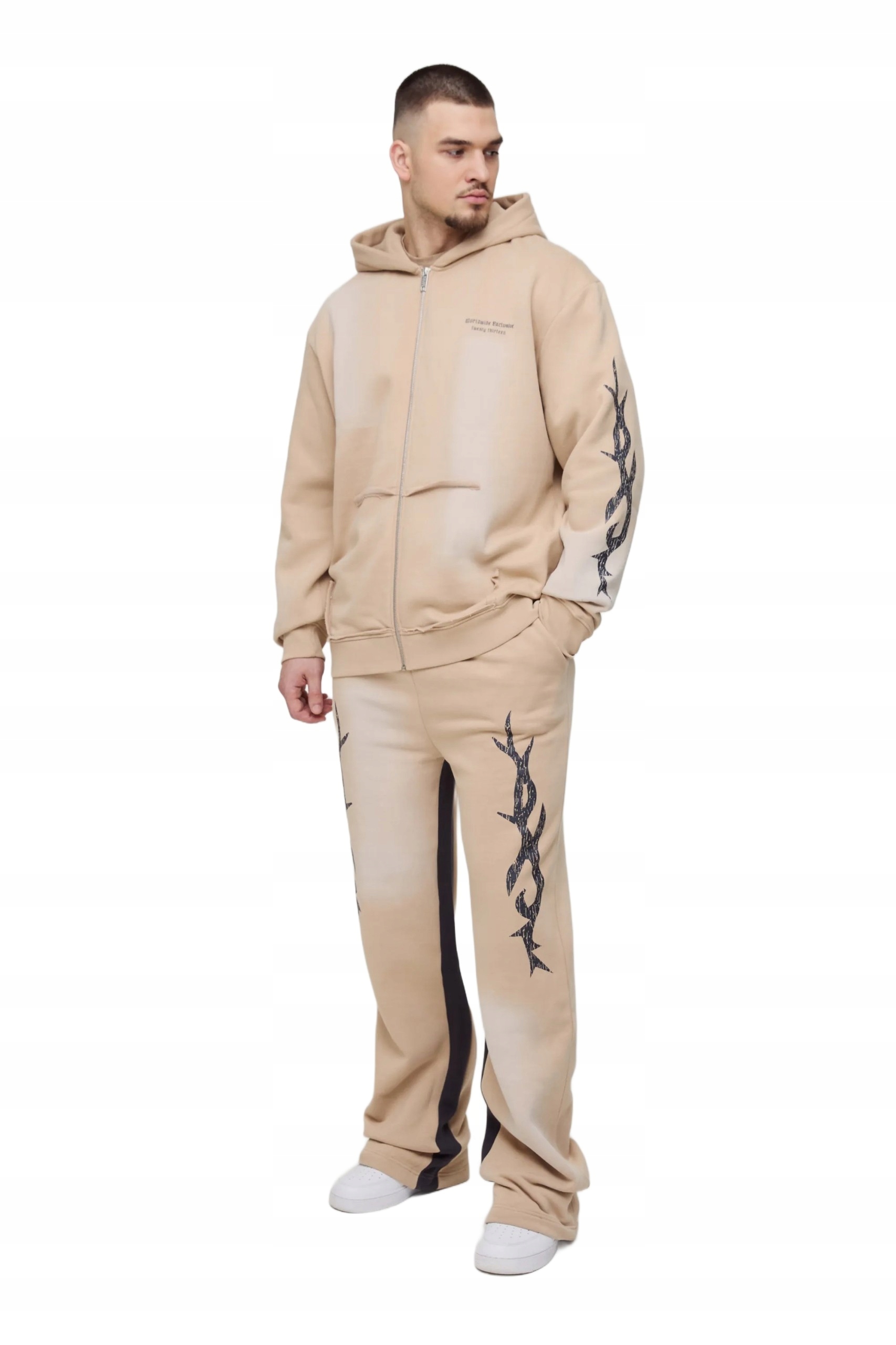 Boohooman Pánský Béžový Teplákovka Komplet S Kapucí A Potiskem XL Z3A