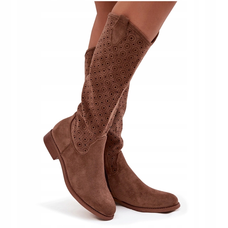 Dámské Kozačky Eko Semiš Plochý Ažurový Podpatek S.barski HY52-531 Hnědé 37