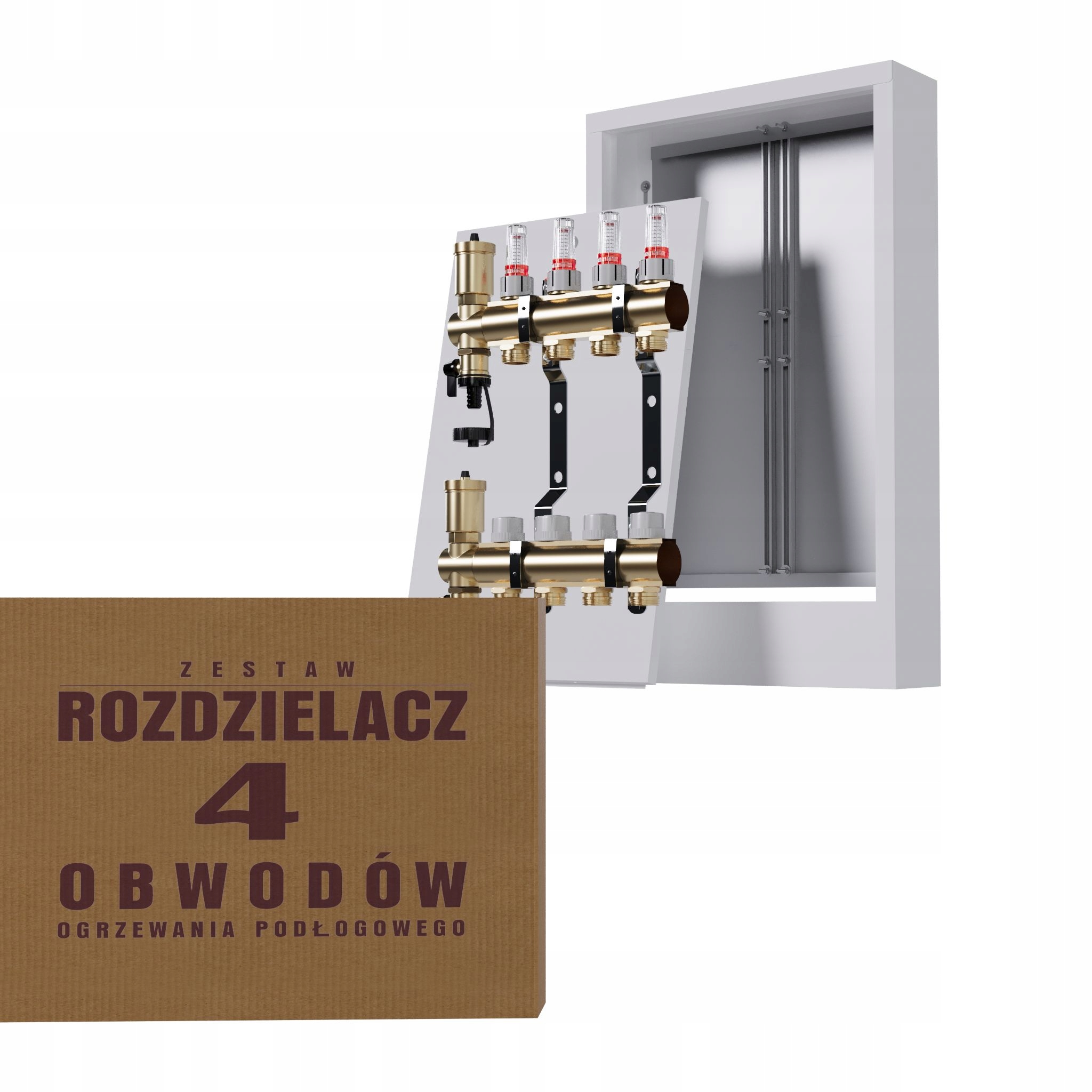 Rozdělovač na podlahy mosazný 4-okruhový a nástěnný box bílý