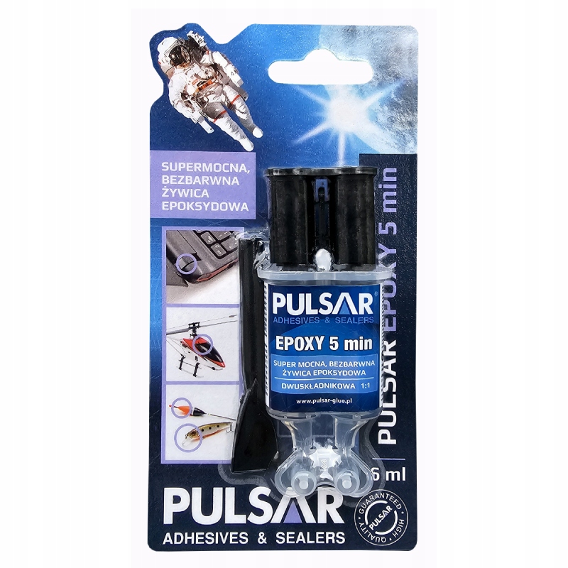 Bezbarwny mocny klej dwuskładnikowy Pulsar Epoxy 5 minut 6 ml szpatułka