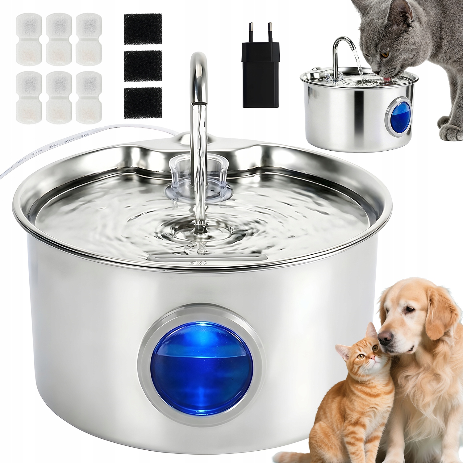 Fontána Pro Kočky Automatická Ocelová 2.6 L Se 6 Filtry A 3 Houbičkami