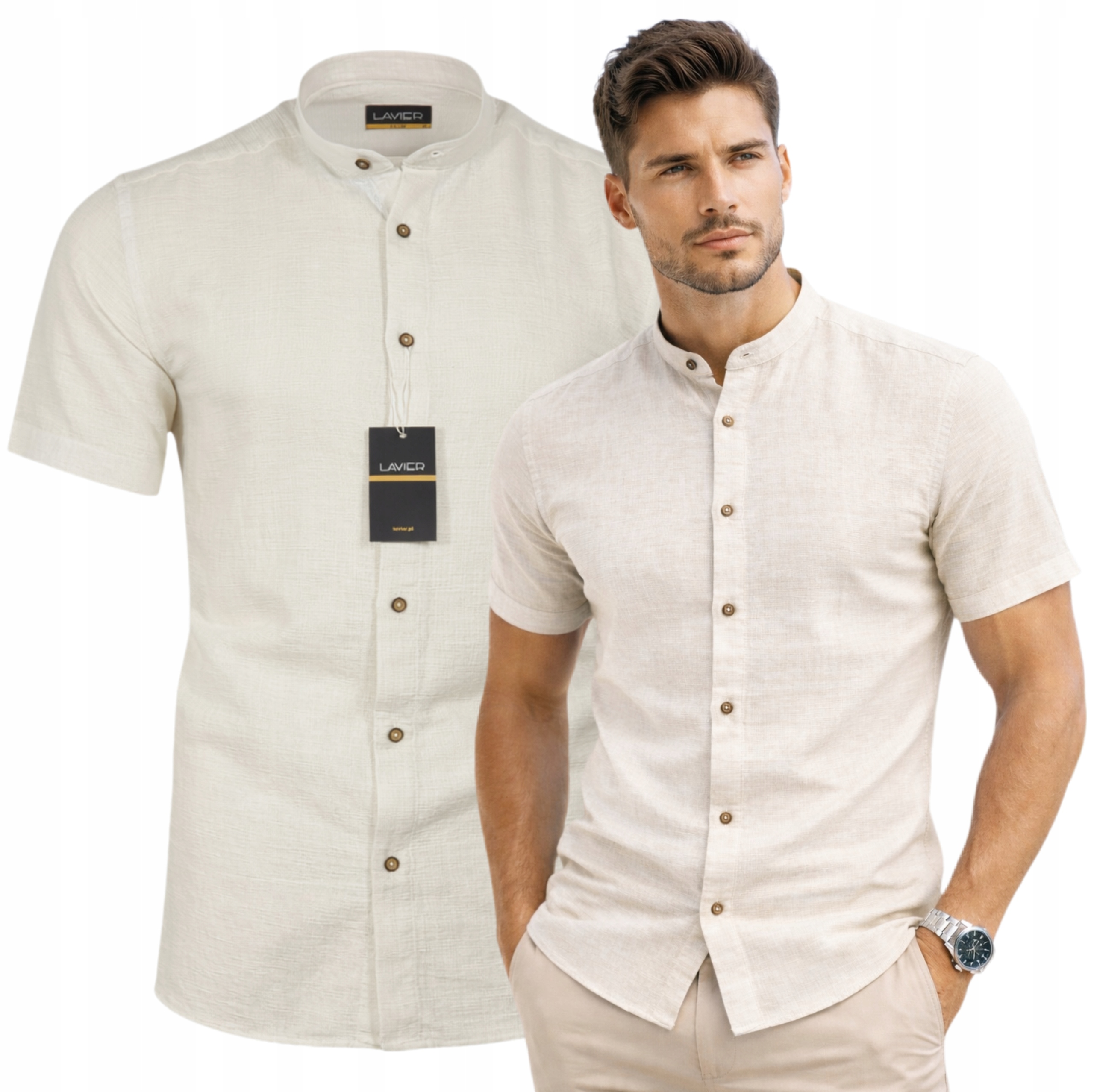 Pánská košile se stojáčkem Lavier 100% Bavlna Krátký rukáv Slim Béžová vel. M