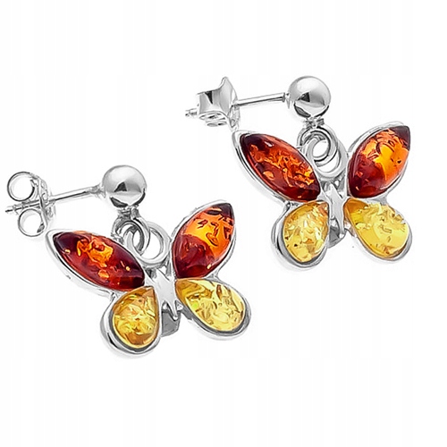 Stříbrné Náušnice motýli na tyčku s Baltský Jantar stříbro 925 Závěsné