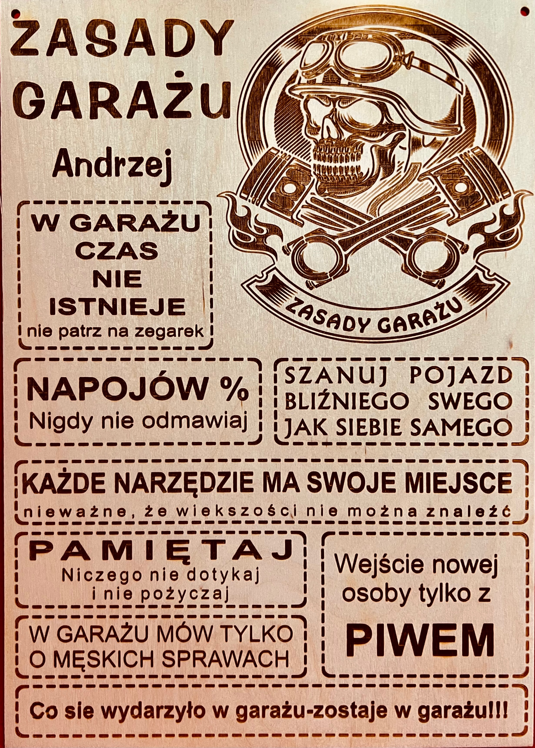 

Zasady Garażu Tablica drewniana Grawer Laser