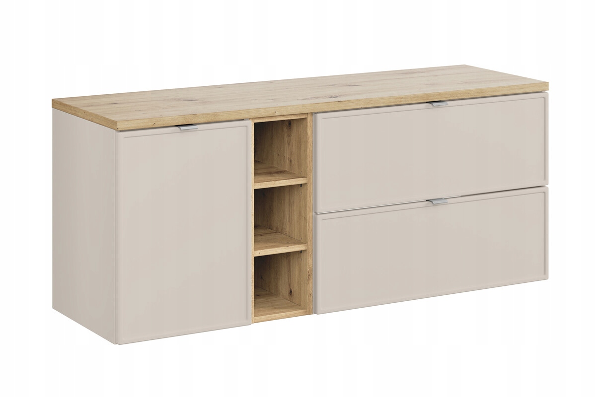 Koupelnová skříňka závěsná kašmír 140 cm s košem na prádlo, výběr úchytek