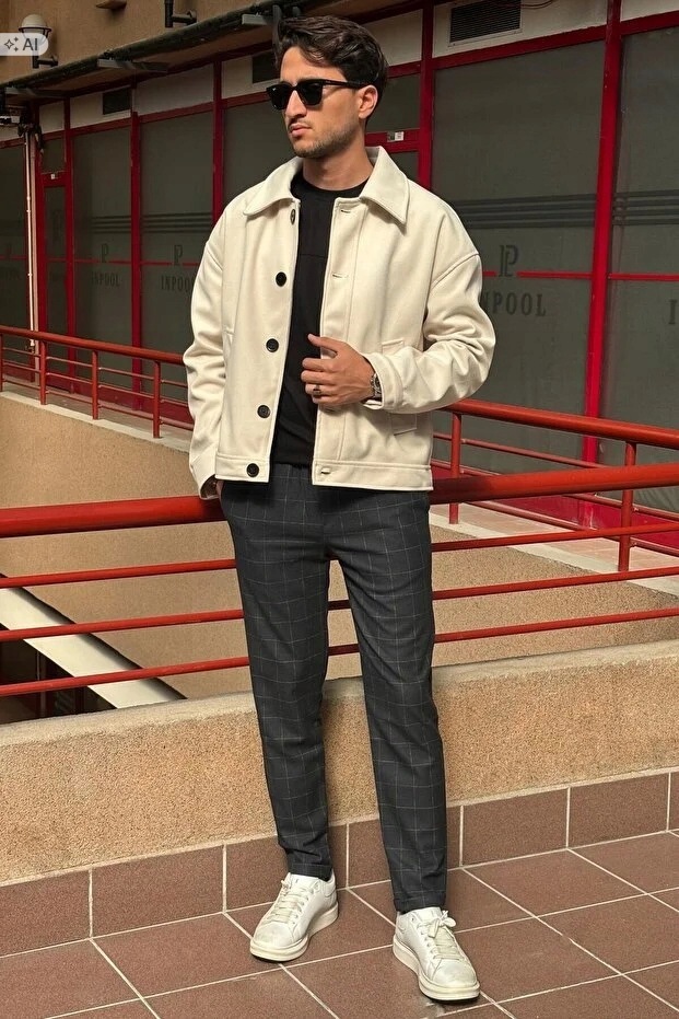 Pánská Krátká, Hladká Béžová Bunda Ve Stylu Minimal XXL 5IA