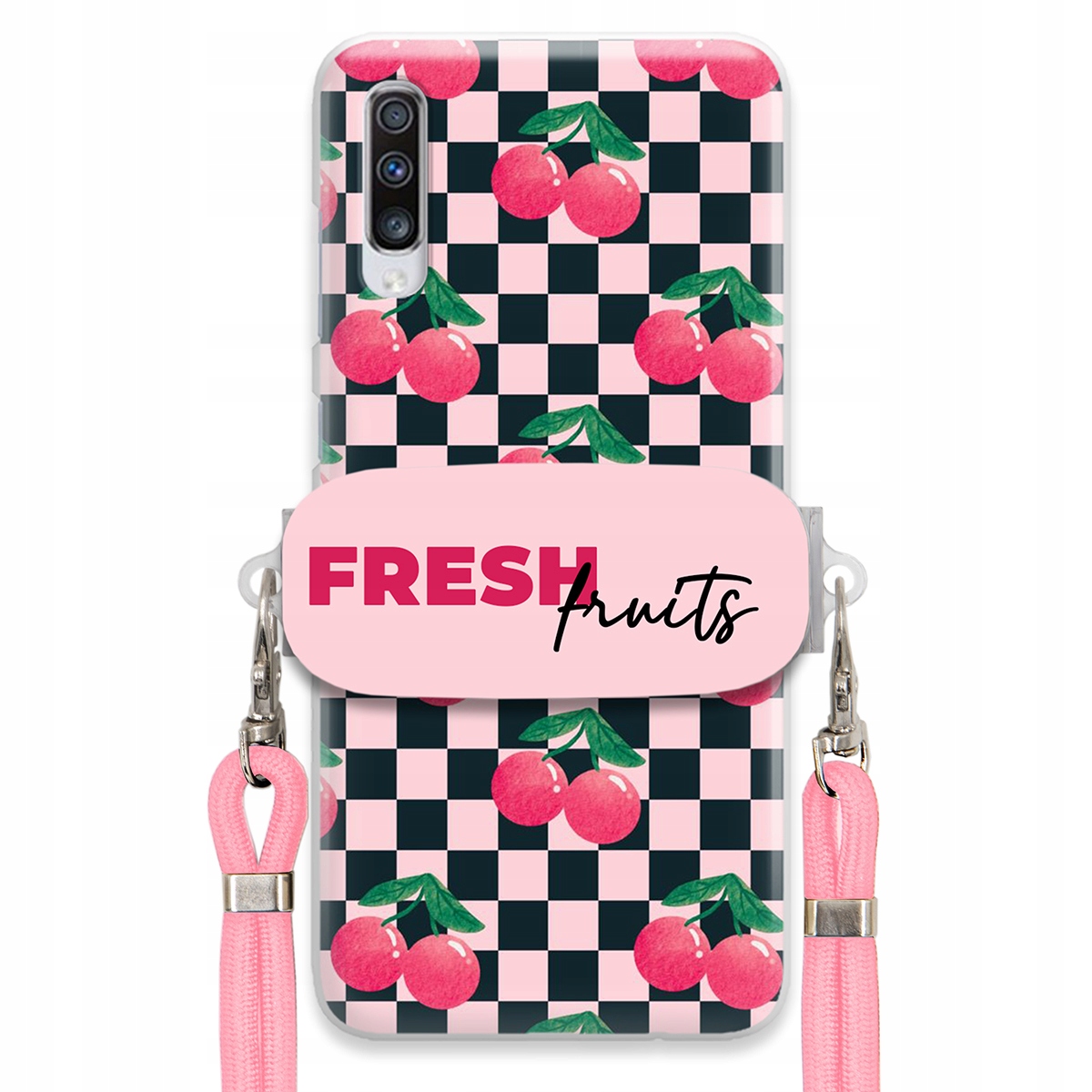 Puzdro pre Samsung A70 Vodítko Pink Crossbody Šachovnicový držiak Fresh Fruits