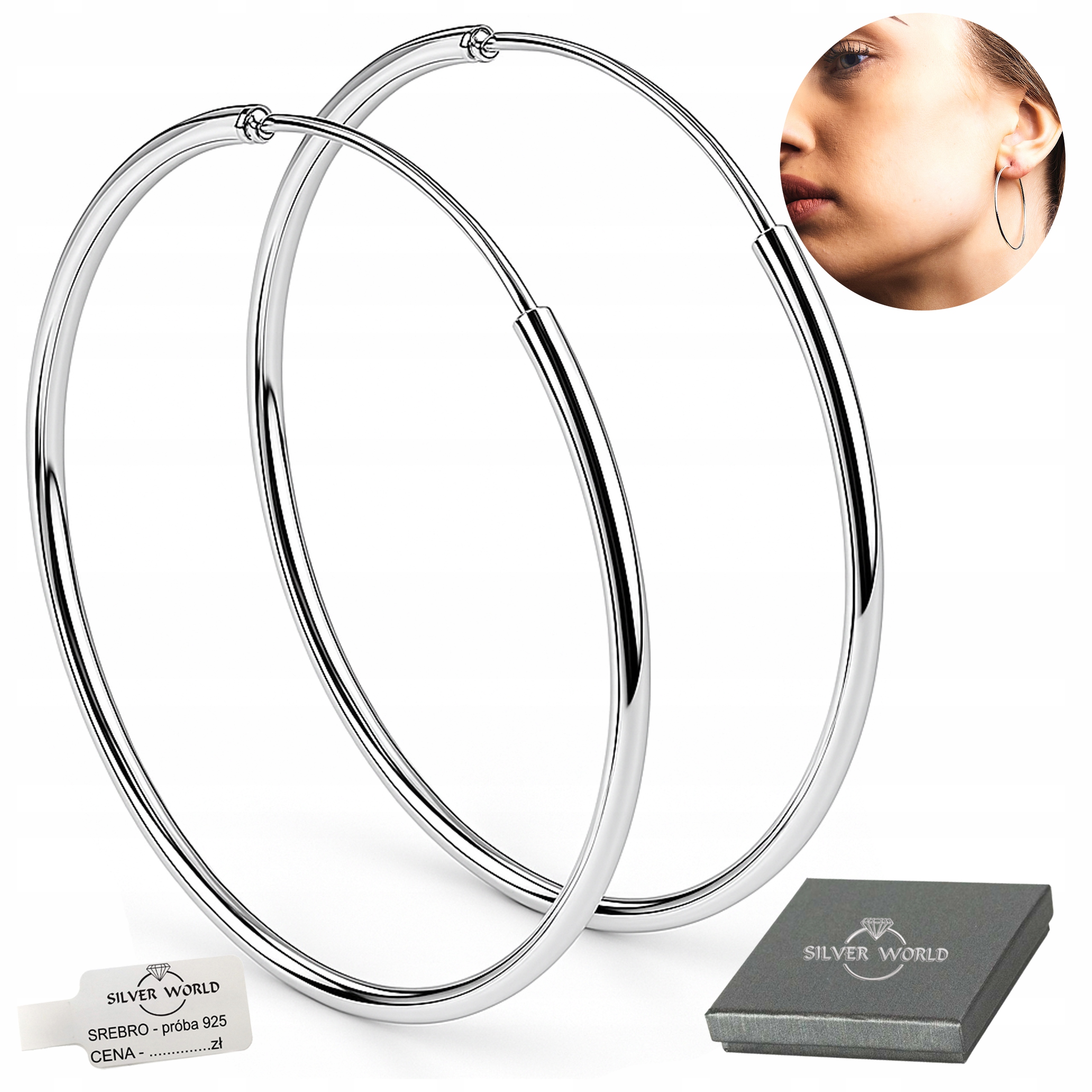 Kolczyki Srebrne Wiszące Kółka Na Sztyft Koła 40 mm Grube Etui