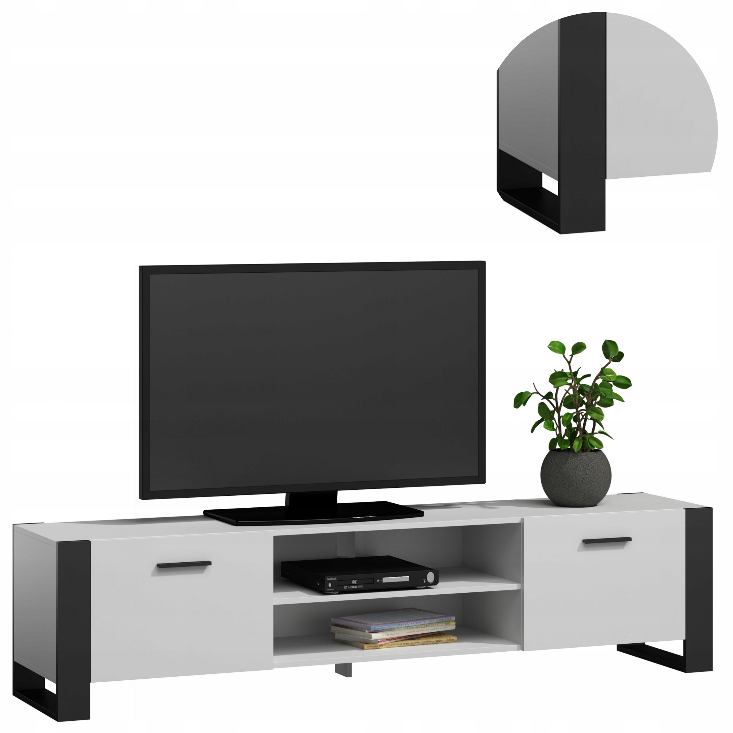 Rtv skrinka Alba 185 cm bielo-čierna, stolík pod televízor, veľký regál Loft