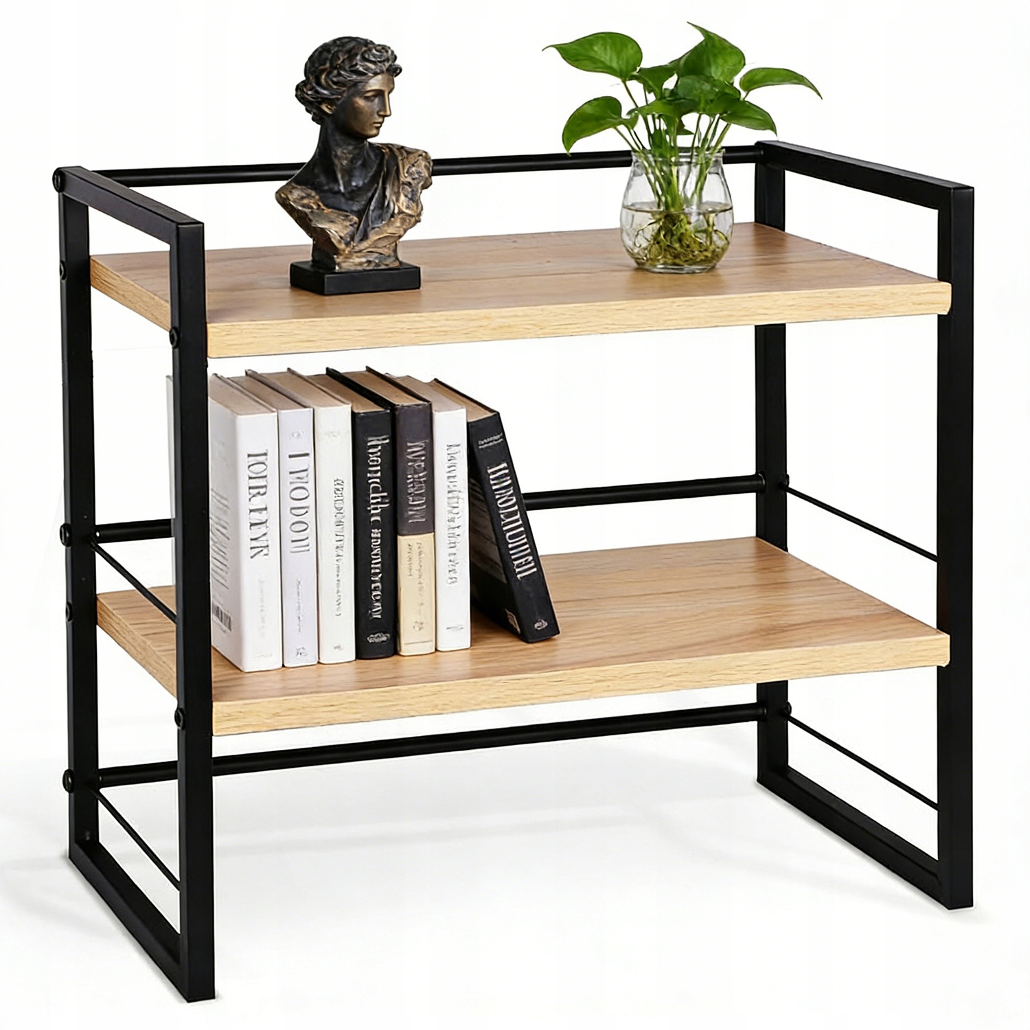 Dvouúrovňová Dřevěná Stolní Police S Kovovým Rámem Pro Kancelář