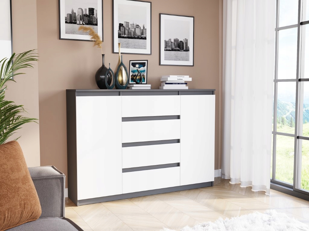 Modna KOMODA 140 SZAFKA 4 SZUFLADY 2 PÓŁKI R-140-S4 MIX ANTRACYT