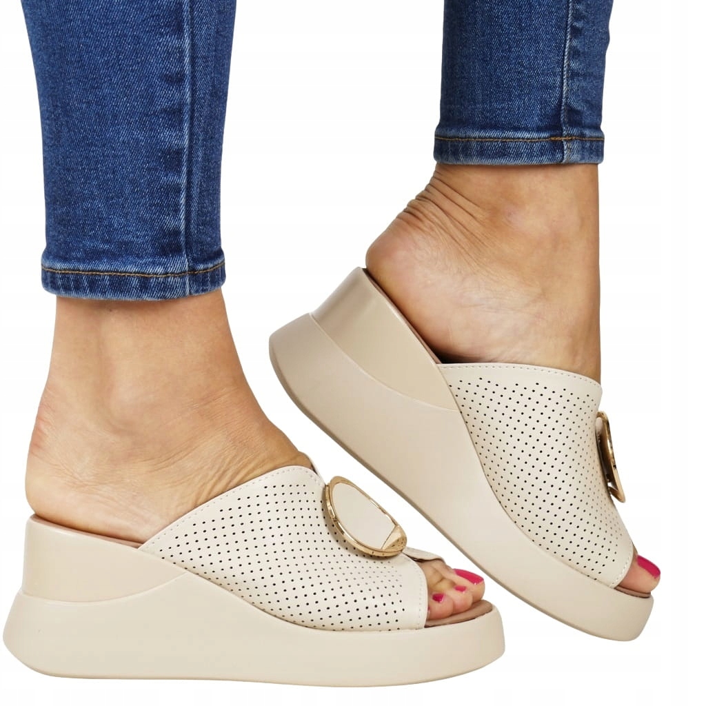 Béžové Žabky Elegantní Pohodlné Ažurové Koturna Podšívka