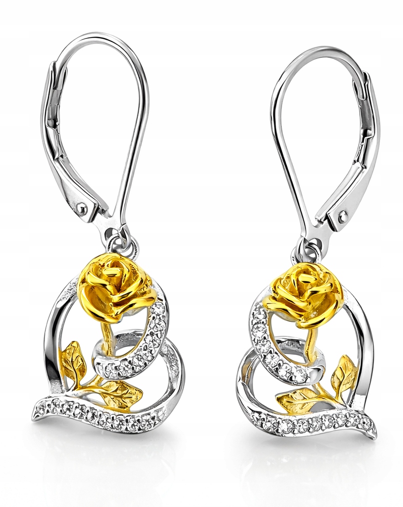 Stříbrné náušnice s motivem srdce a růže, pozlacené 925 stříbro