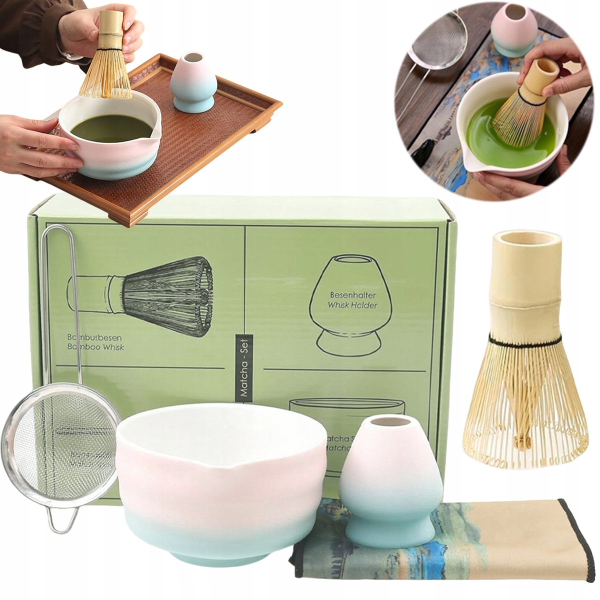 Zestaw do robienia Matchy, Japońska Herbata Matcha 8W1 Różowy Ceramiczny