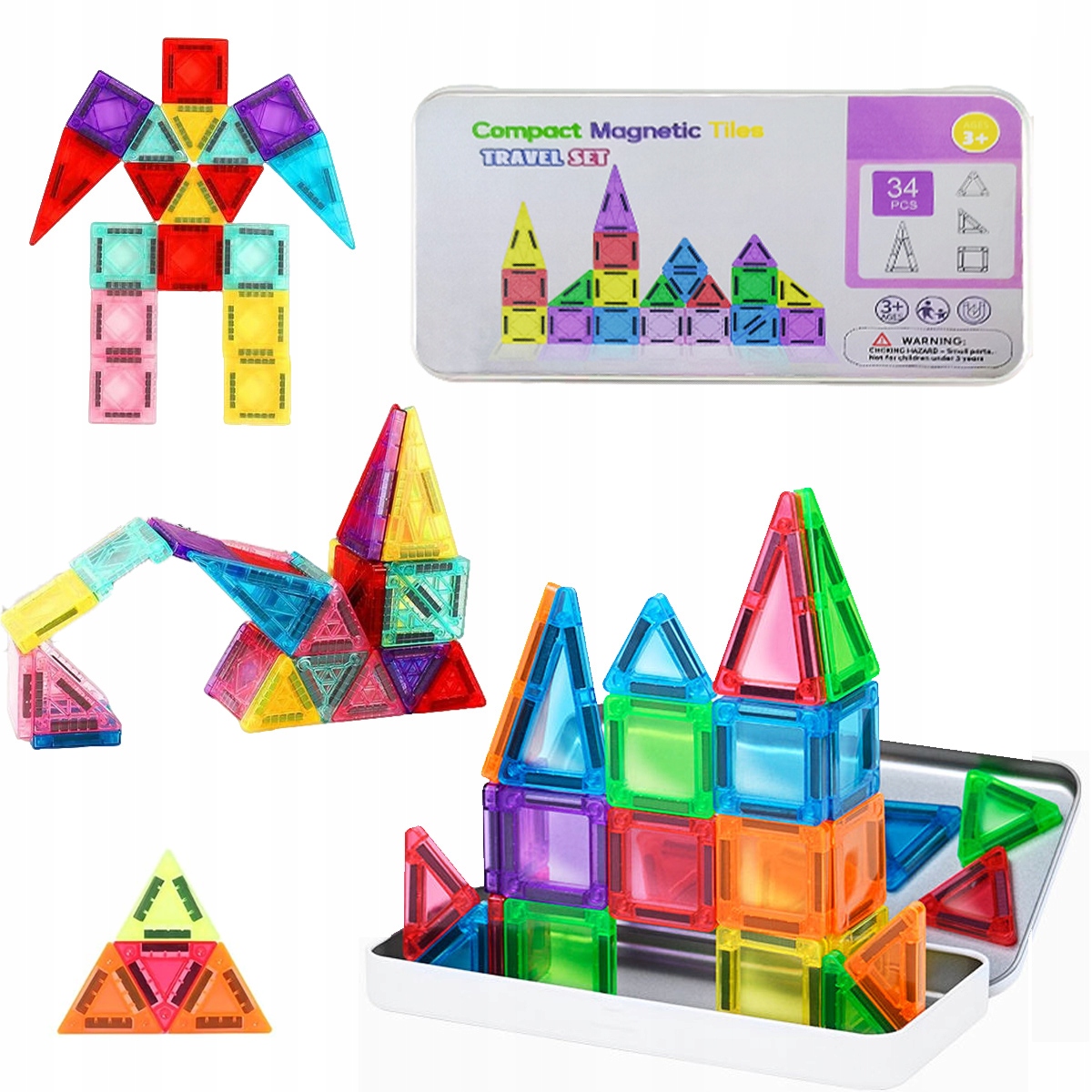 KLOCKI MAGNETYCZNE 3D konstrukcyjne MINI Zestaw 34 el. Magnetic Tiles