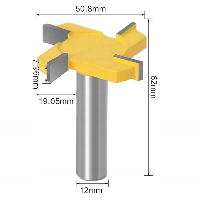 Frez do płaszczyzn drewna ,rowków teowych 51mm x 7,96 chwyt 12mm 4-ostrz.
