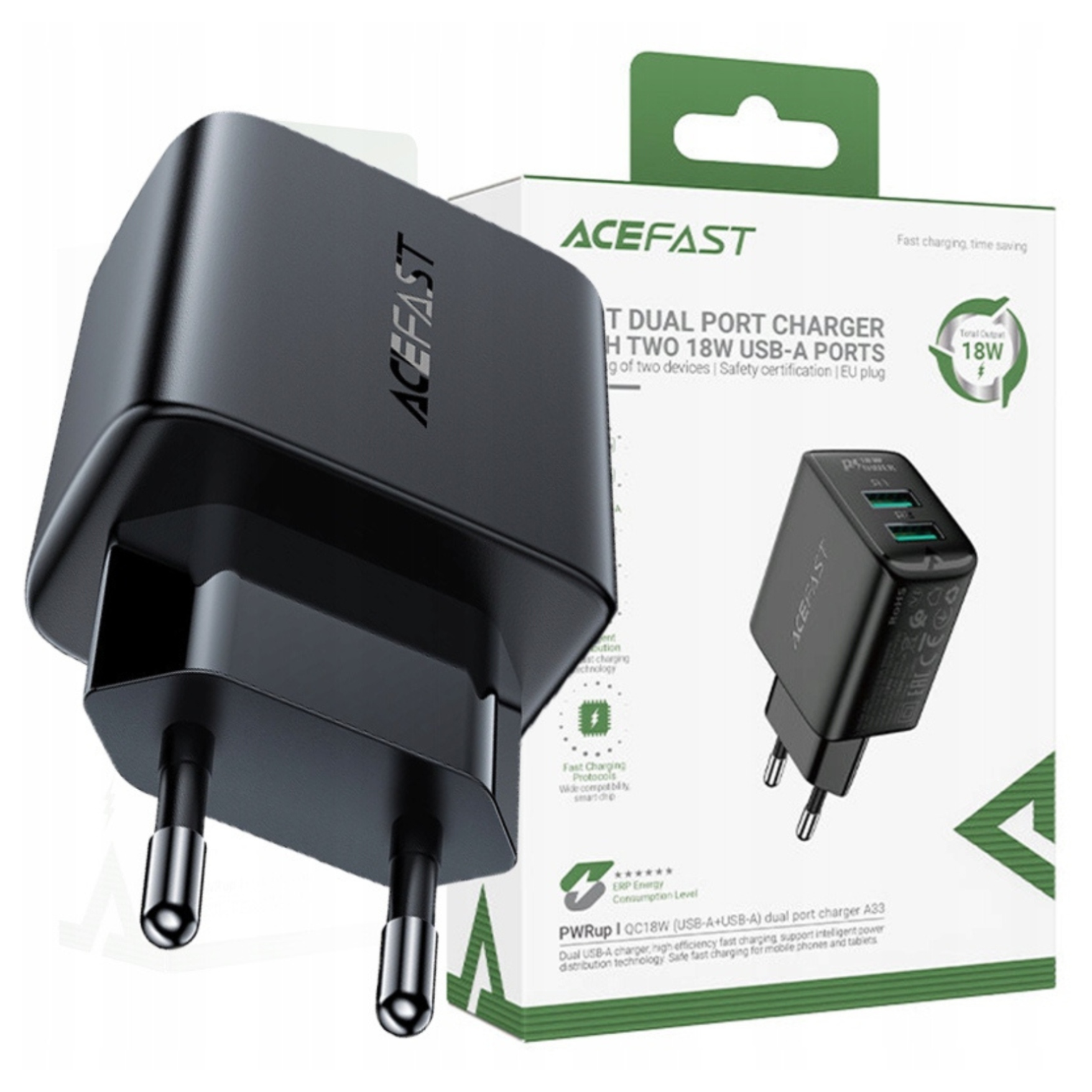 Acefast Síťová Nabíječka 2x Usb 18W Qc 3.0 Pro Telefony Rychlé Nabíjení