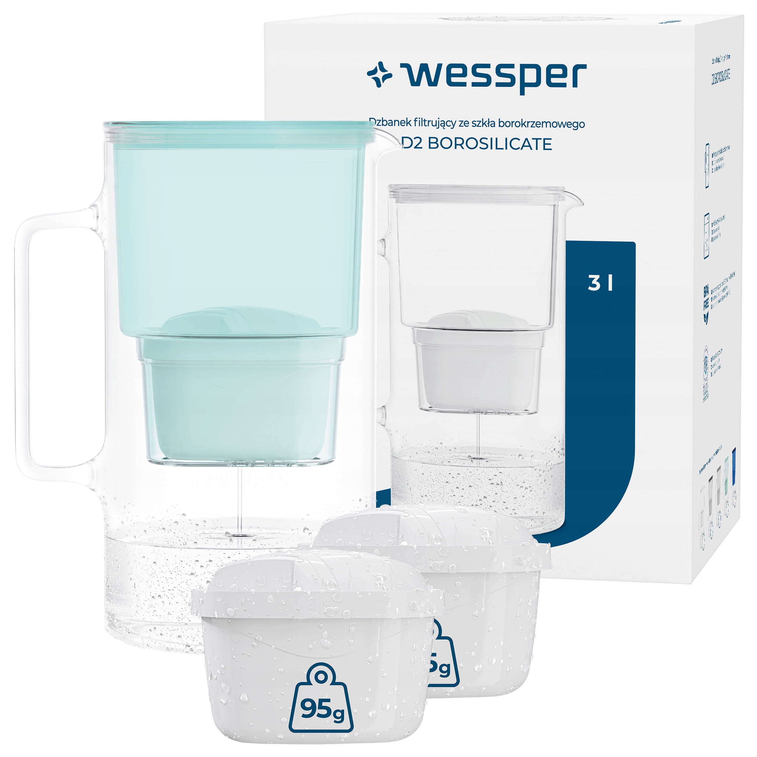 Filtrační konvice skleněná Wessper D2 Borosilicate 3 l 3 x filtr na vodu