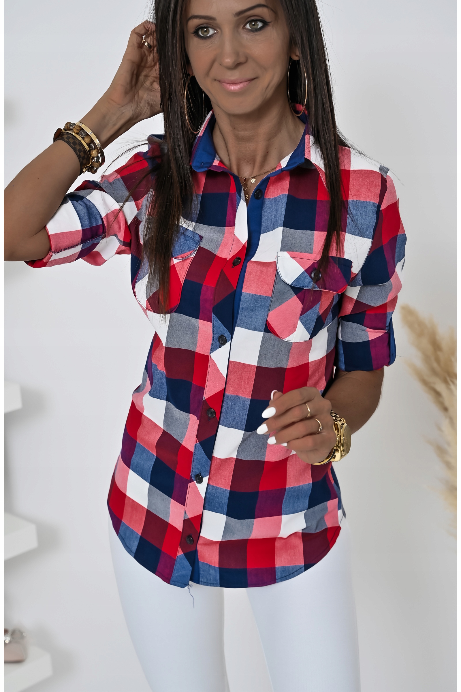 WIOSENNA CASUALOWA KOSZULA W KRATĘ NESSI! WZ.5 S Dekolt kołnierzyk