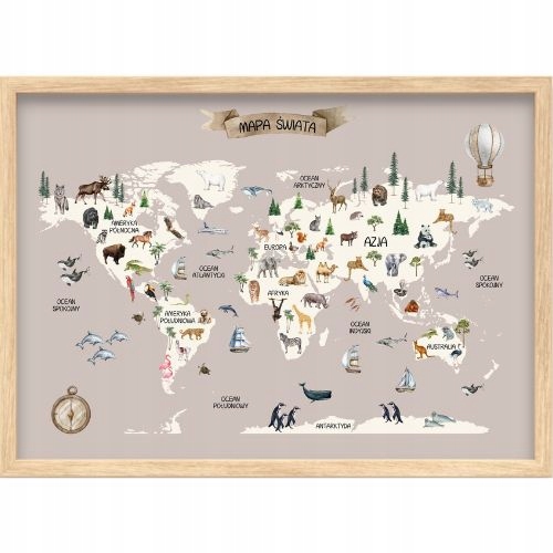 PLAKAT EDUKACYJNY MAPA ŚWIATA DLA DZIECI ZE ZWIERZĘTAMI BOHO 50x70