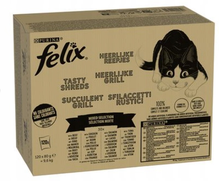 Megabalíček Felix Tasty Shreds, Smíšený výběr v omáčce, 120 x 80 g