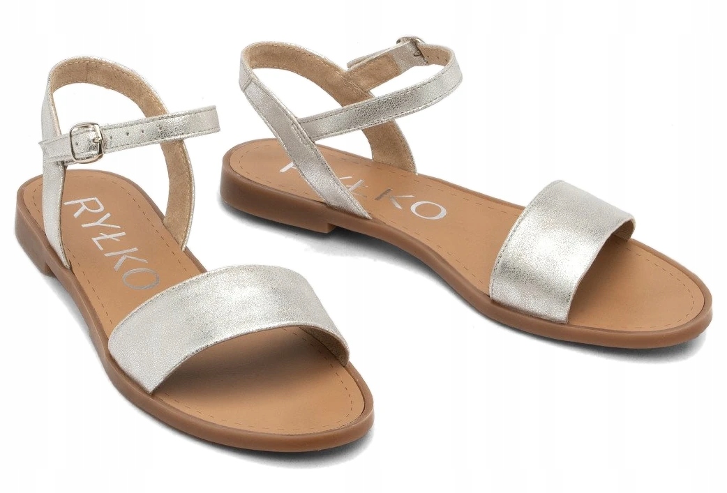 Ryłko stříbrné dámské ploché kožené sandály z přírodní kůže 38